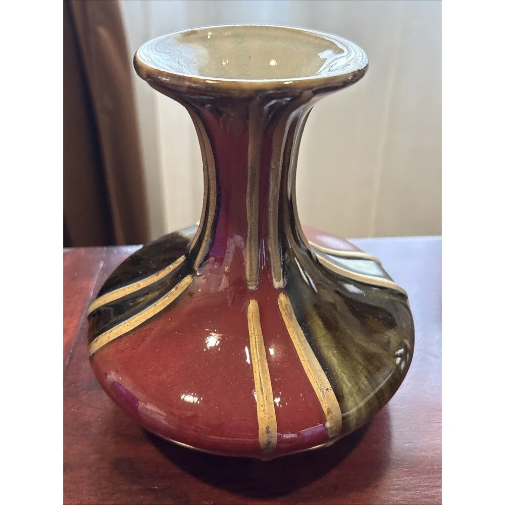 VINTAGE Red Brown Gold Drip Glaze Mid Century Vase Oxblood Flambe Collectibles